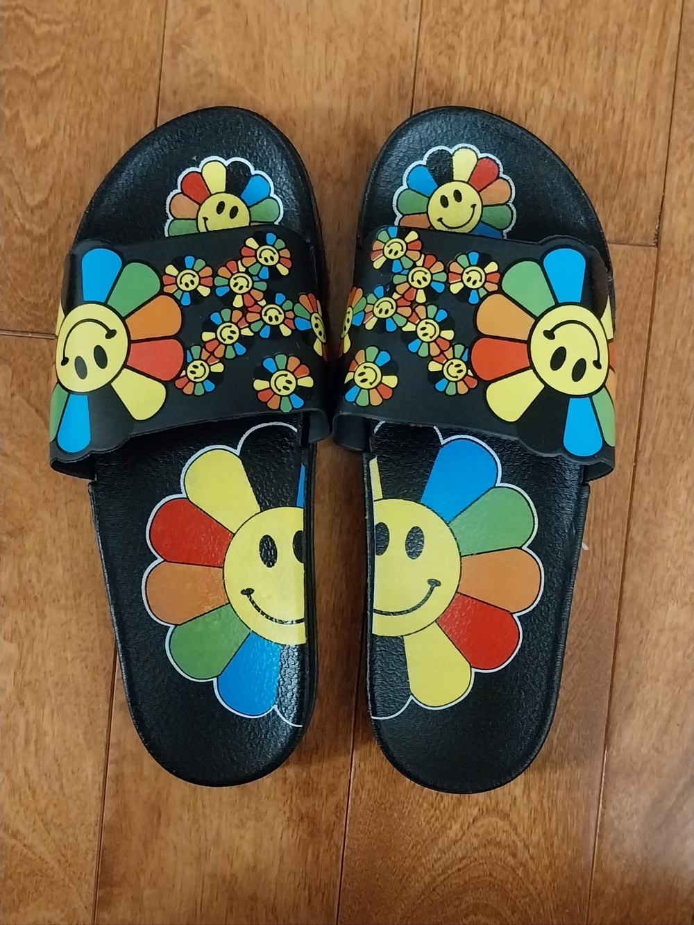 Brand Newb Rainbow Smiley Slide Sandals - Black